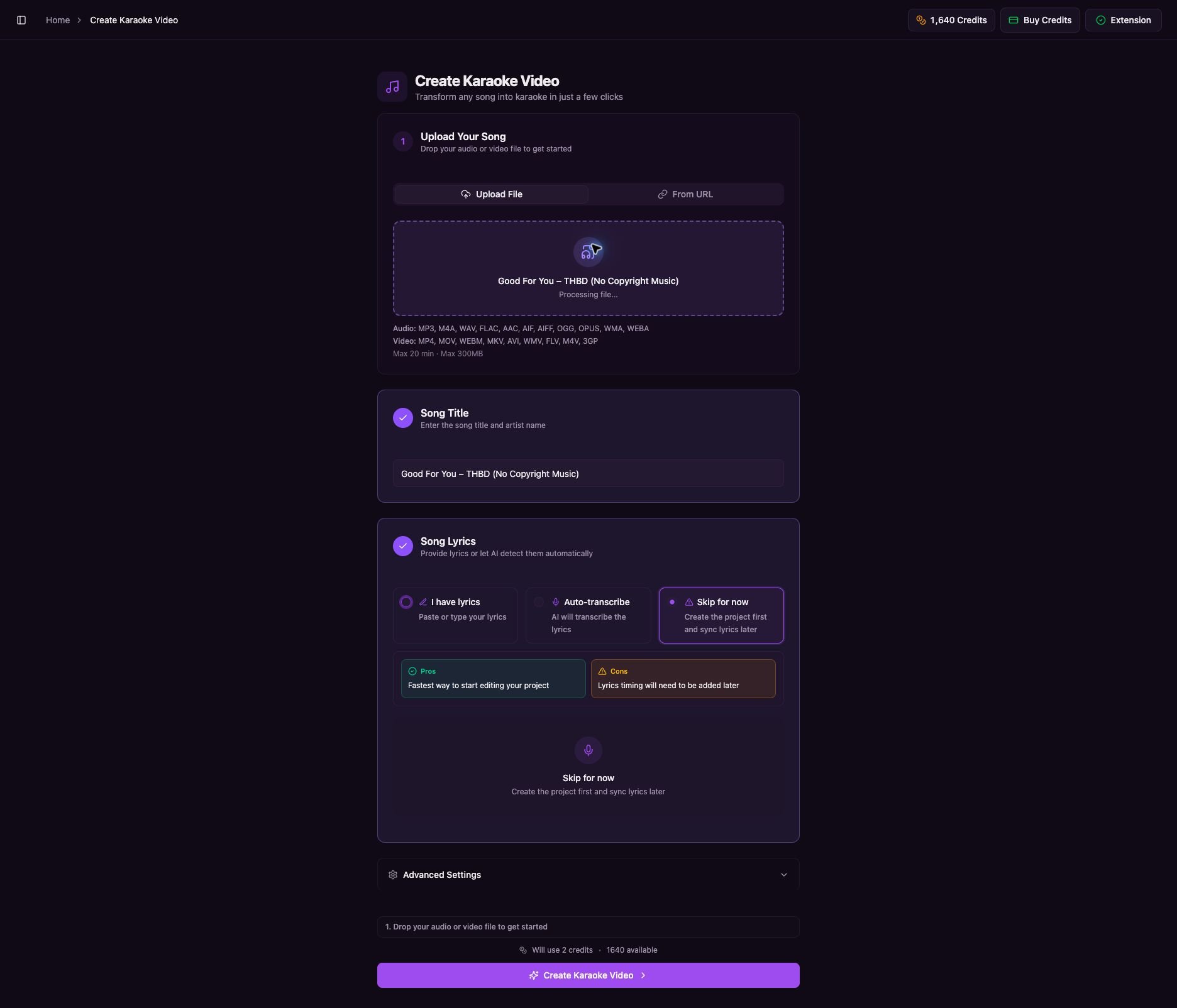 Completed Youka karaoke creation form with Create Karaoke Video button