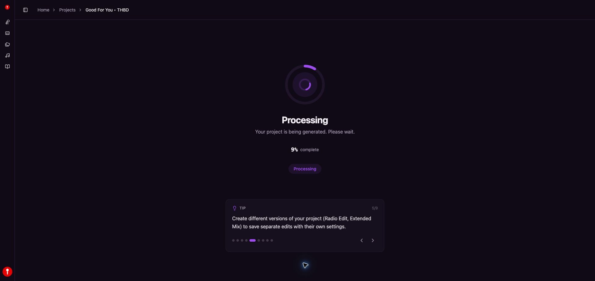 Youka Online project processing page with a completion percentage