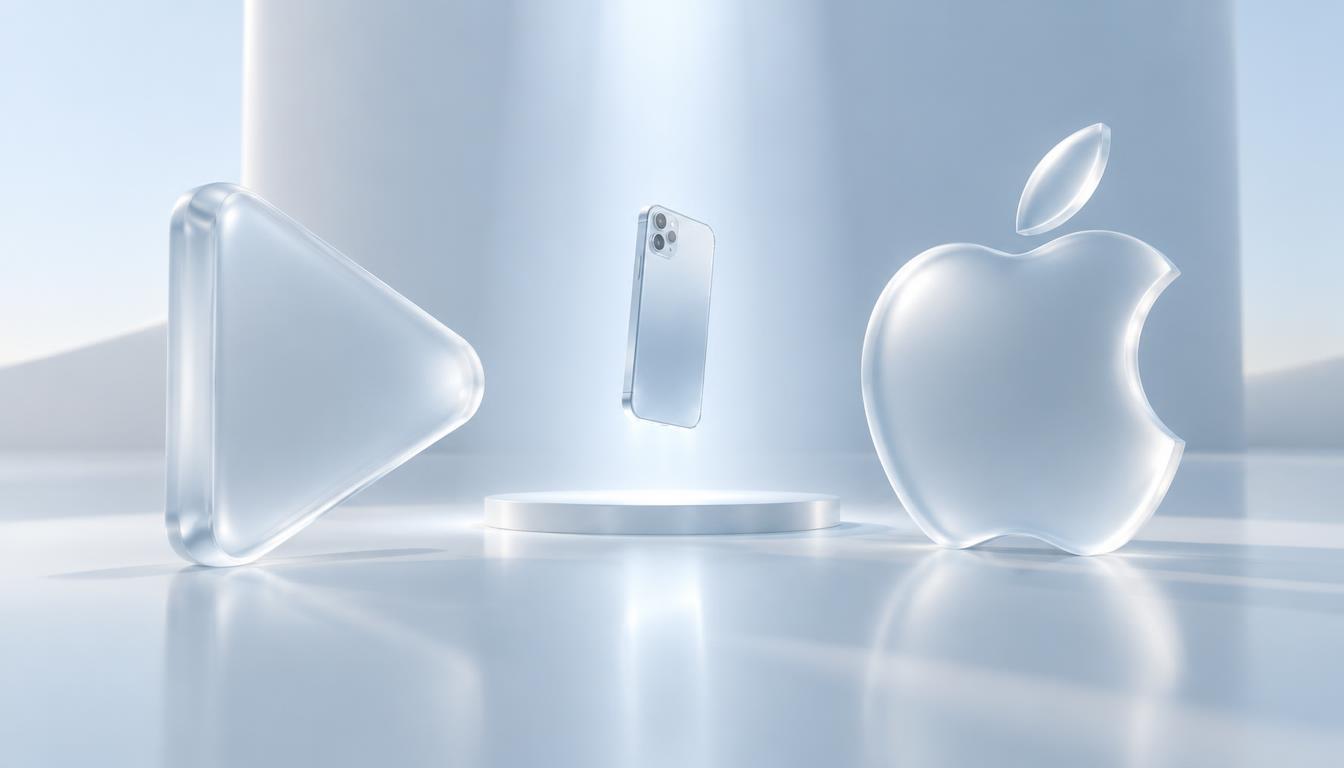 Glass Google Play and Apple store icons beside a floating smartphone