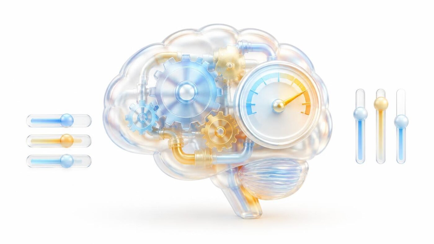 Glass brain with gears and a speed dial