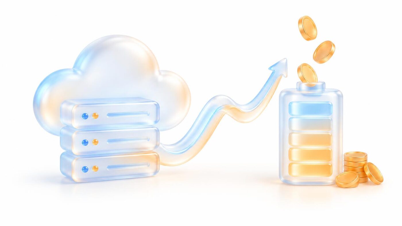Glass server cloud with a rising traffic line and a battery topped up with coins