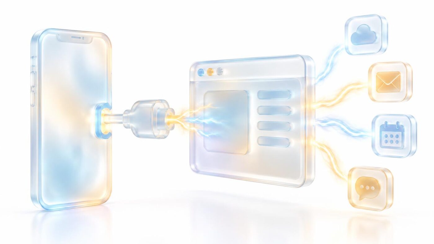 Glass phone plugged into an app window, wired to mail, calendar and chat icons