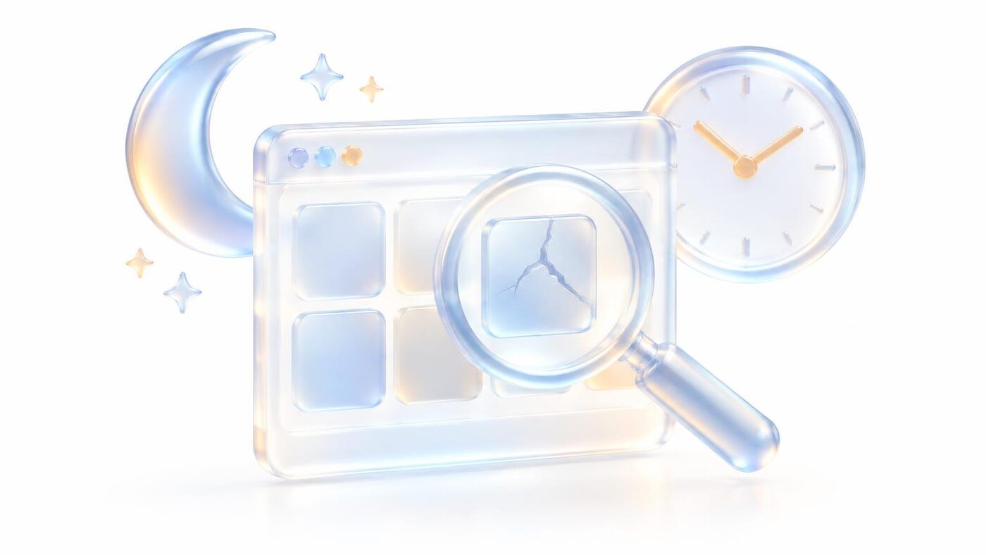 Magnifying glass finding a cracked tile in a browser window, with a moon and clock