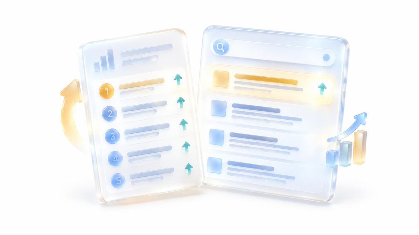A ranked glass checklist next to a search results page with the top result rising