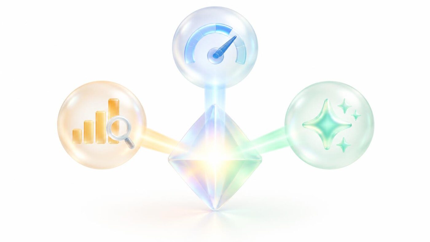 Three glass orbs — a speed gauge, a chart and a sparkle — beaming into one prism