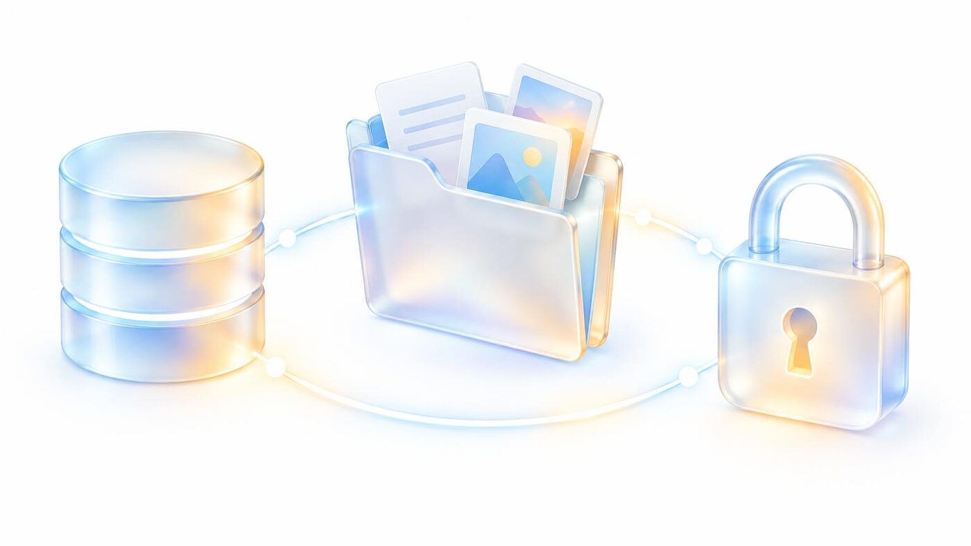 Glass database, folder of photos and padlock linked by light