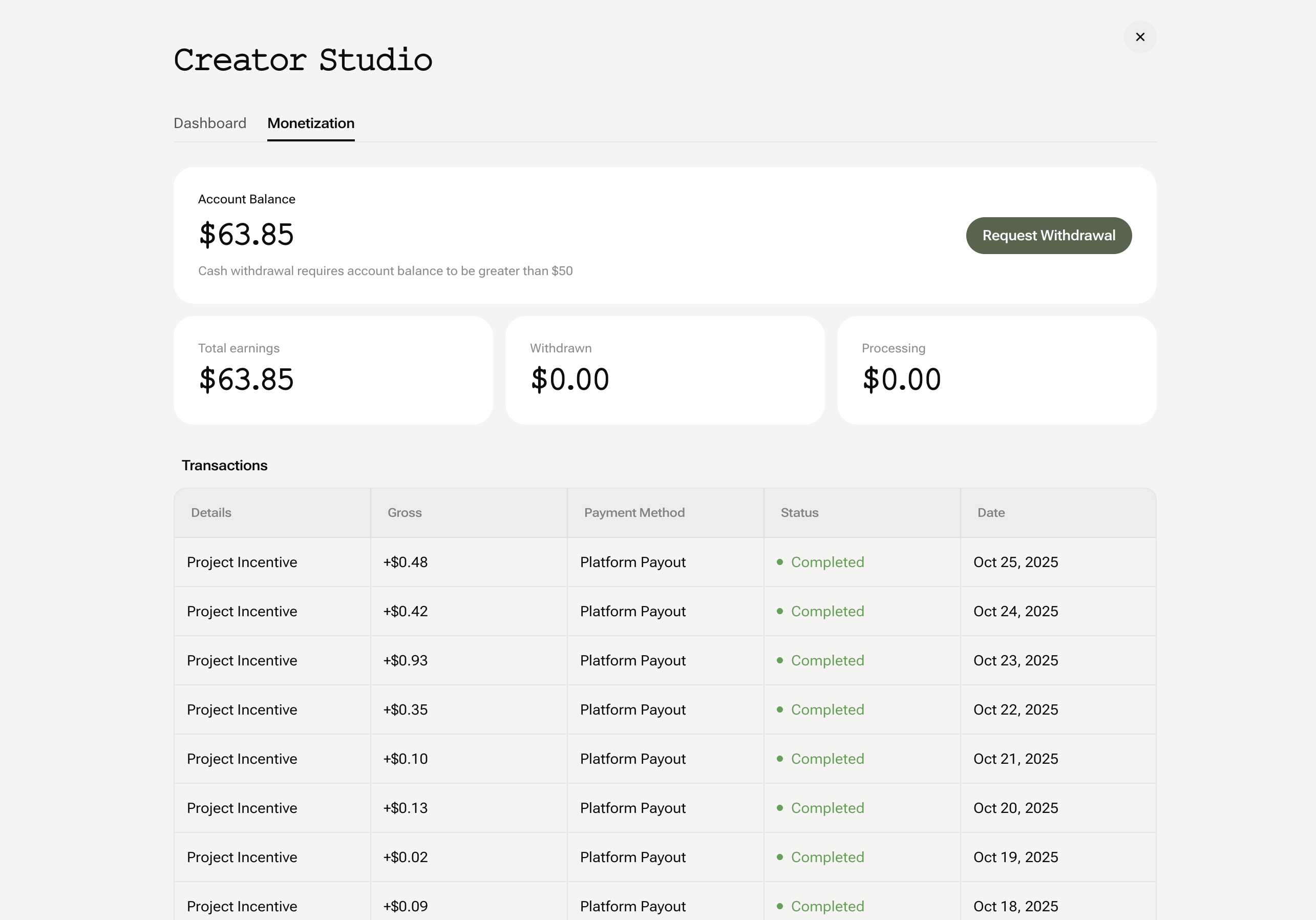 Creator Studio monetization panel showing earnings and transaction history