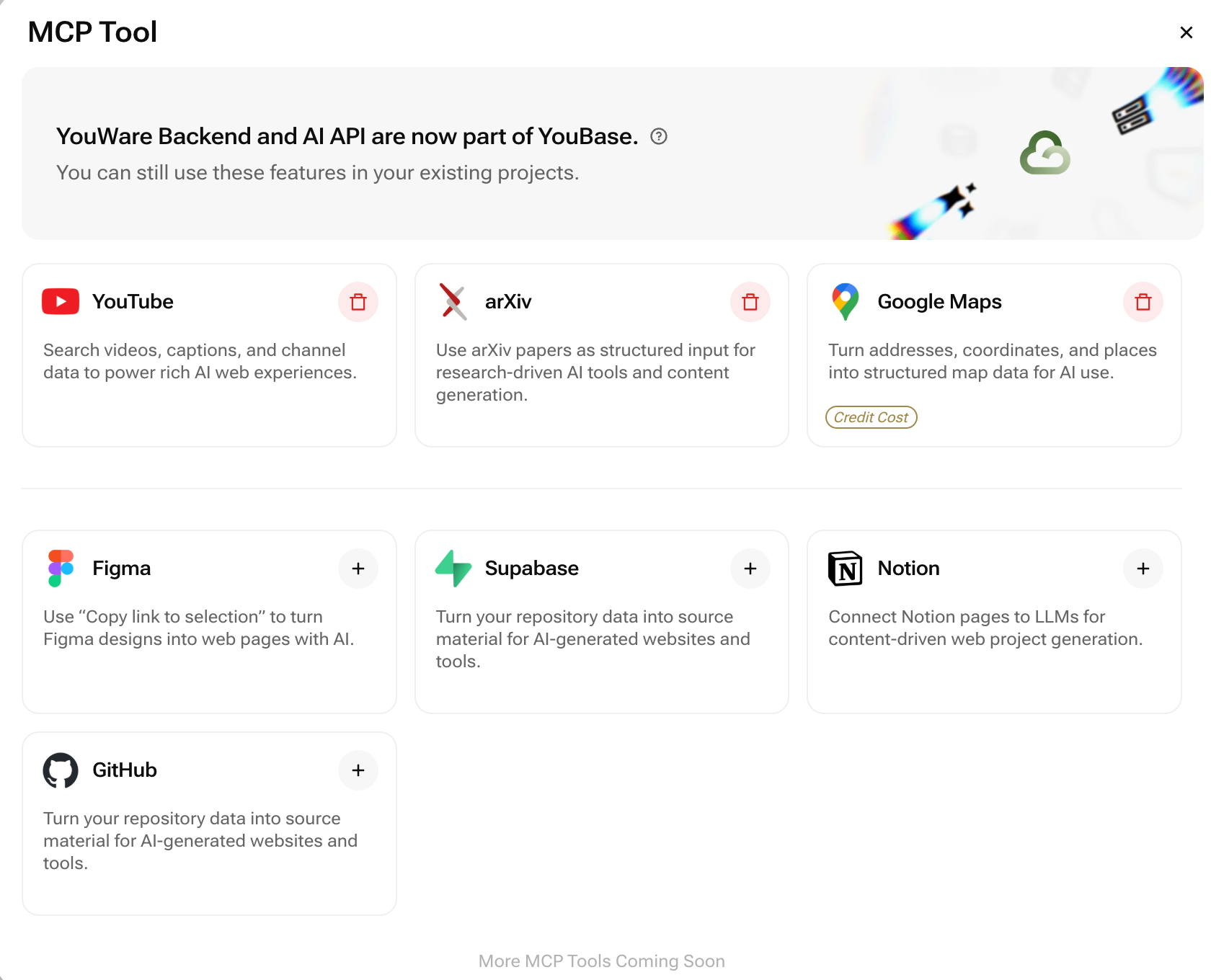 MCP Tools panel interface in YouWare project creation screen