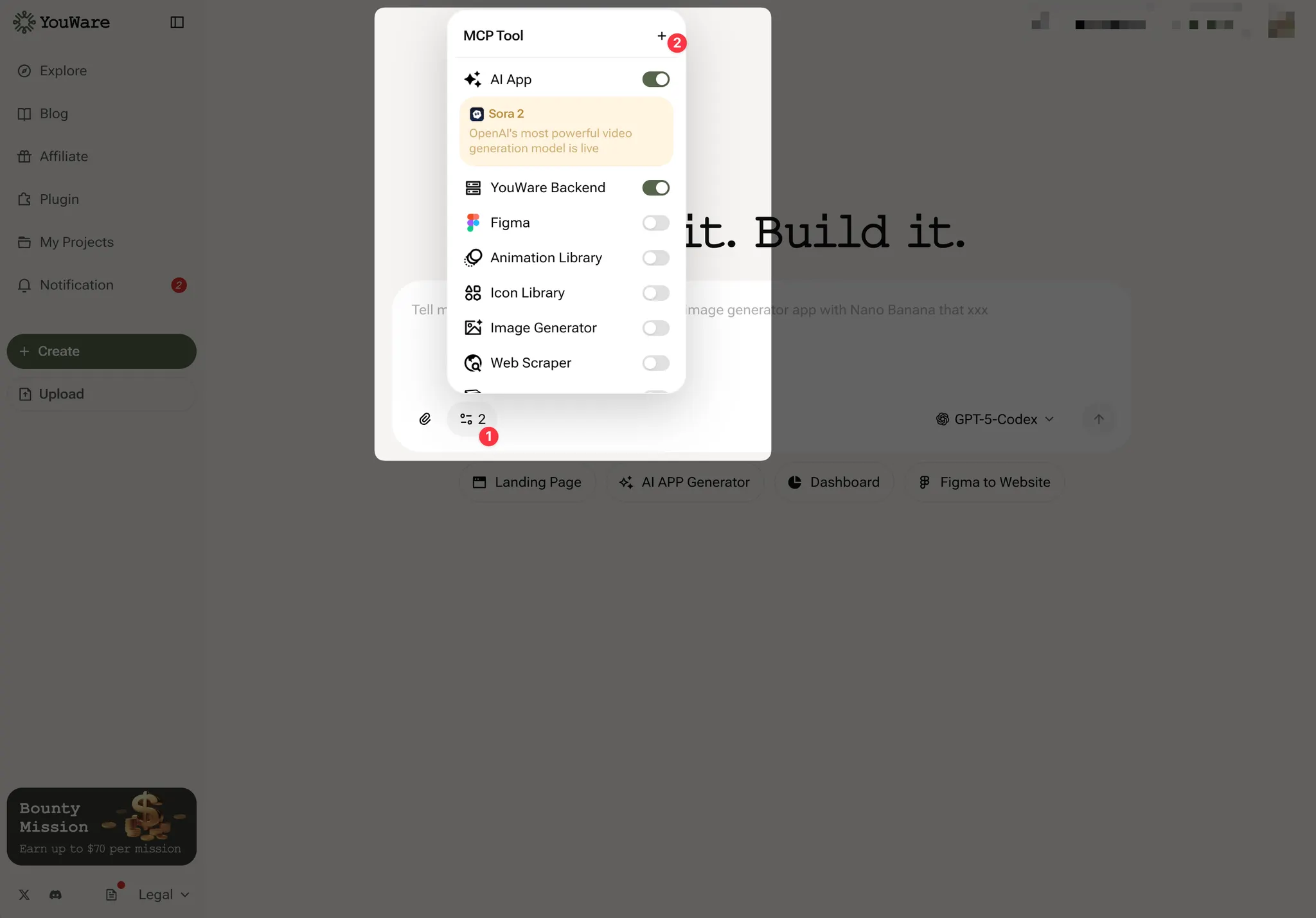 MCP Tools panel interface in YouWare project creation screen