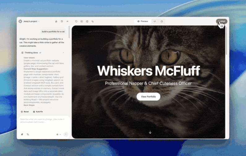 Publishing a project by clicking the Publish button in YouWare interface