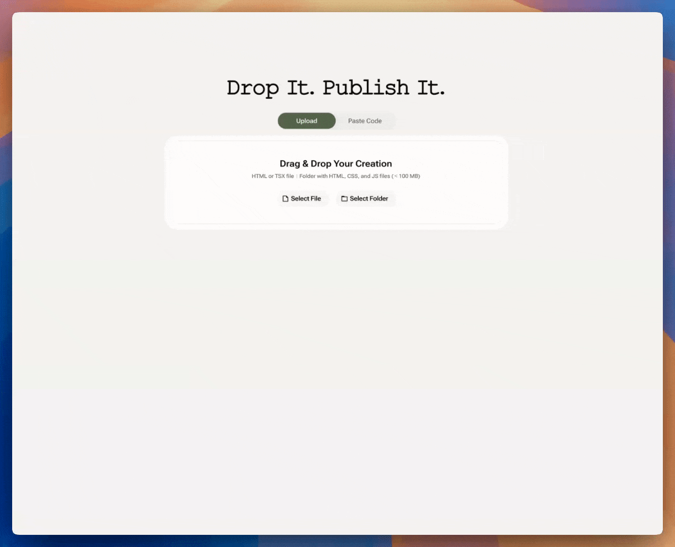 Upload code demonstration showing drag and drop functionality