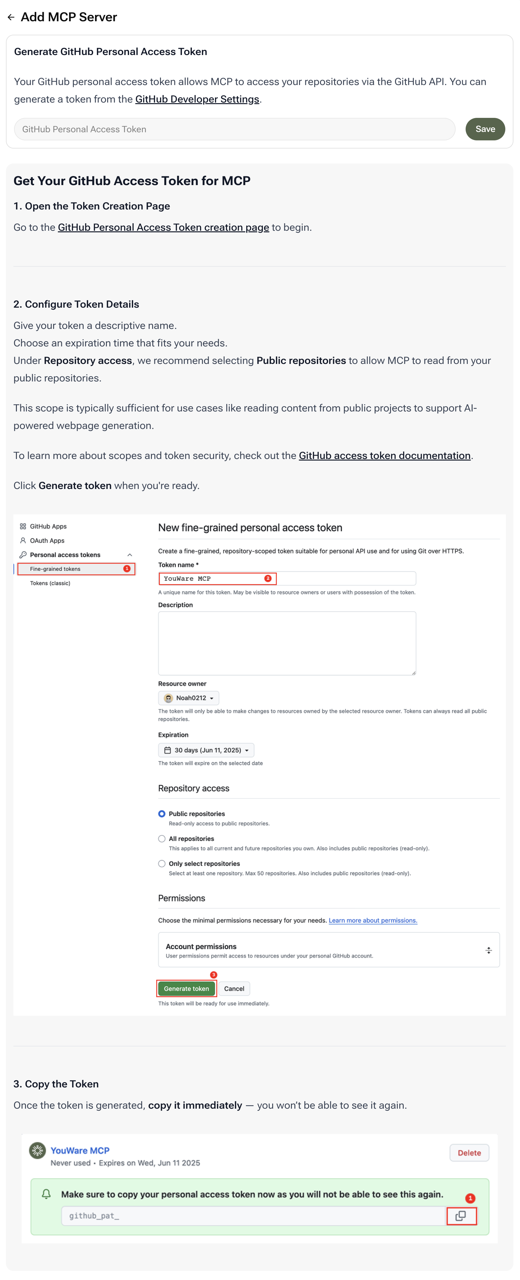 Step-by-step guide to creating GitHub Personal Access Token for YouWare MCP integration