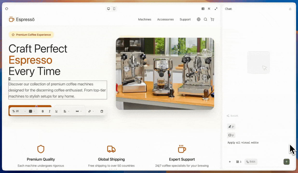Workflow showing edit review, application via send arrow, and credit usage display
