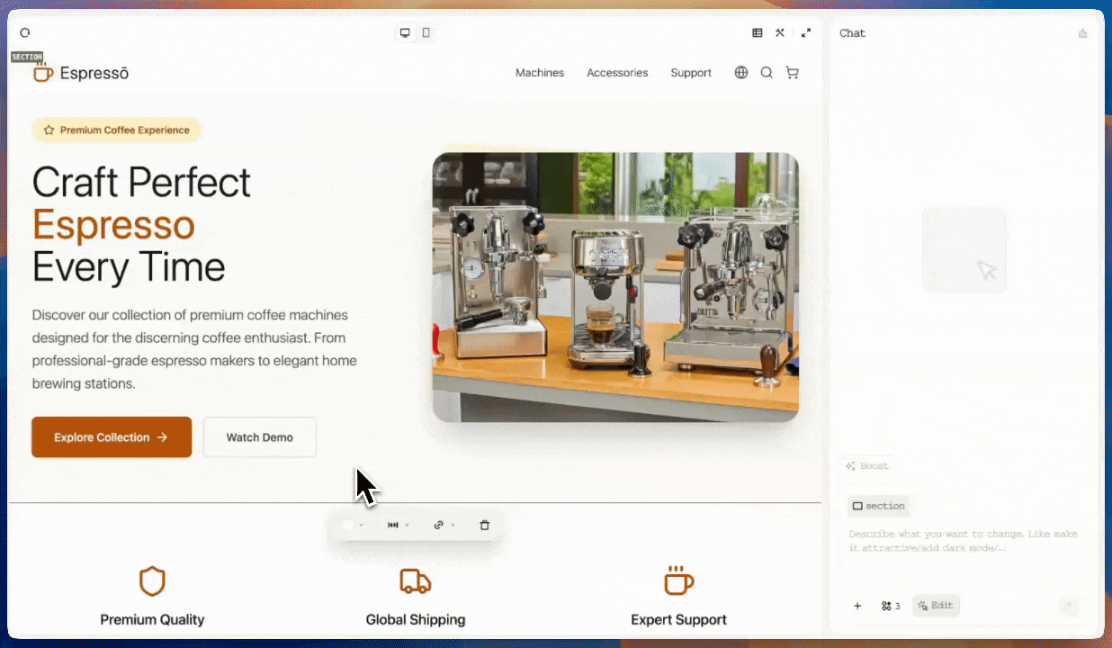 Element deletion showing selection, delete confirmation, and removal from page