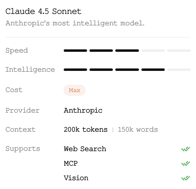 Model comparison card showing different AI models and their capabilities