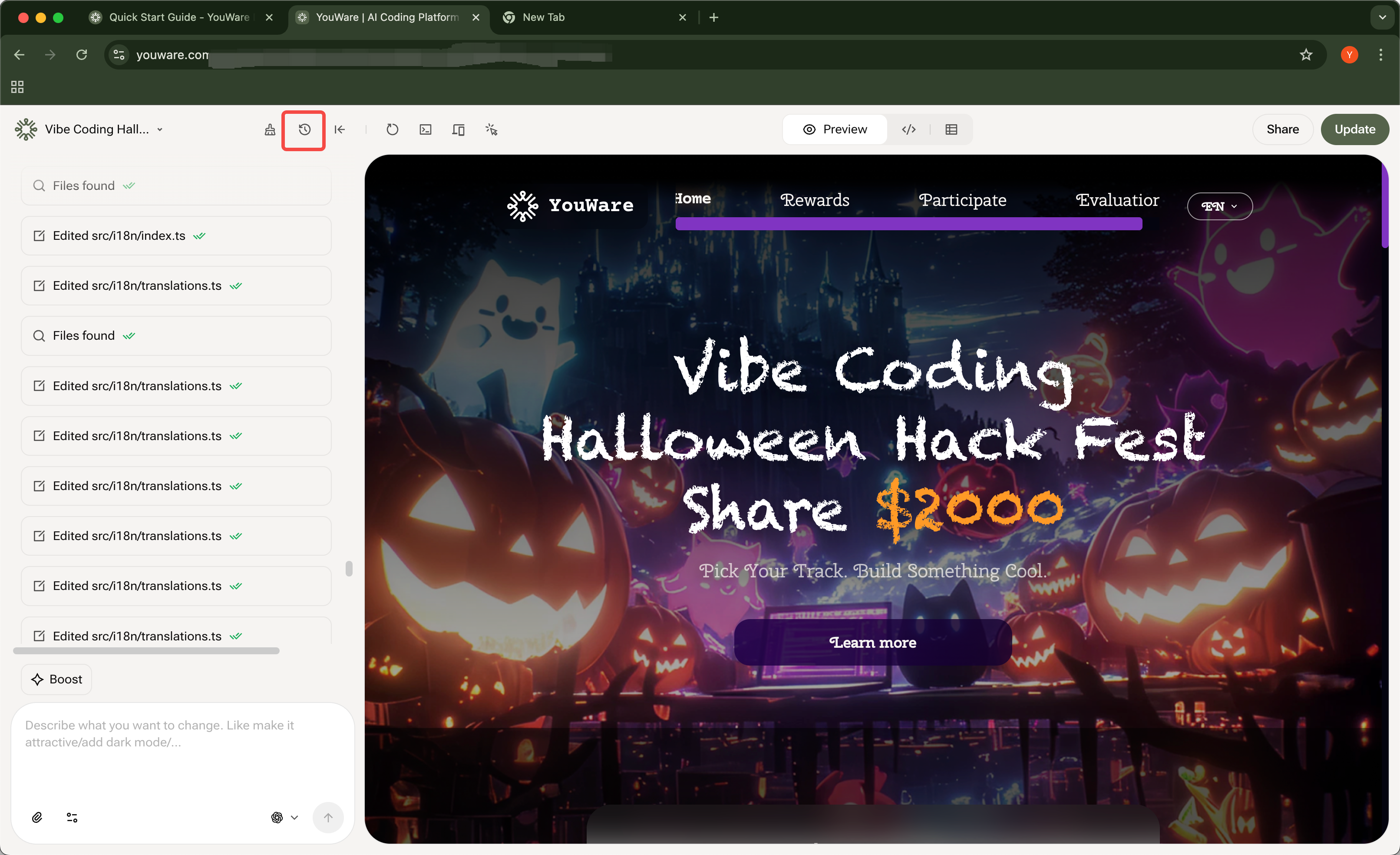 History versions panel showing modification timeline