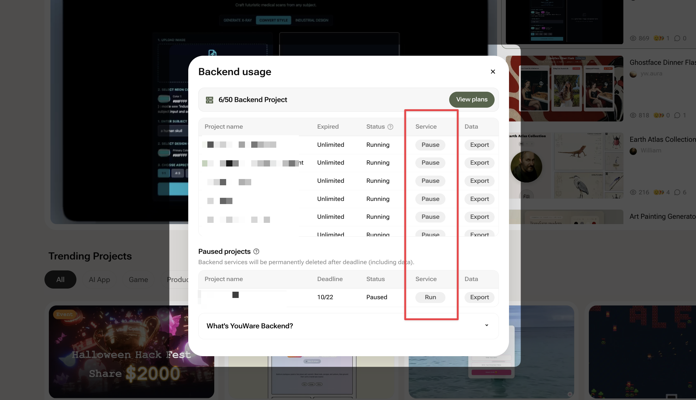 Pause and restart project controls in Backend Usage