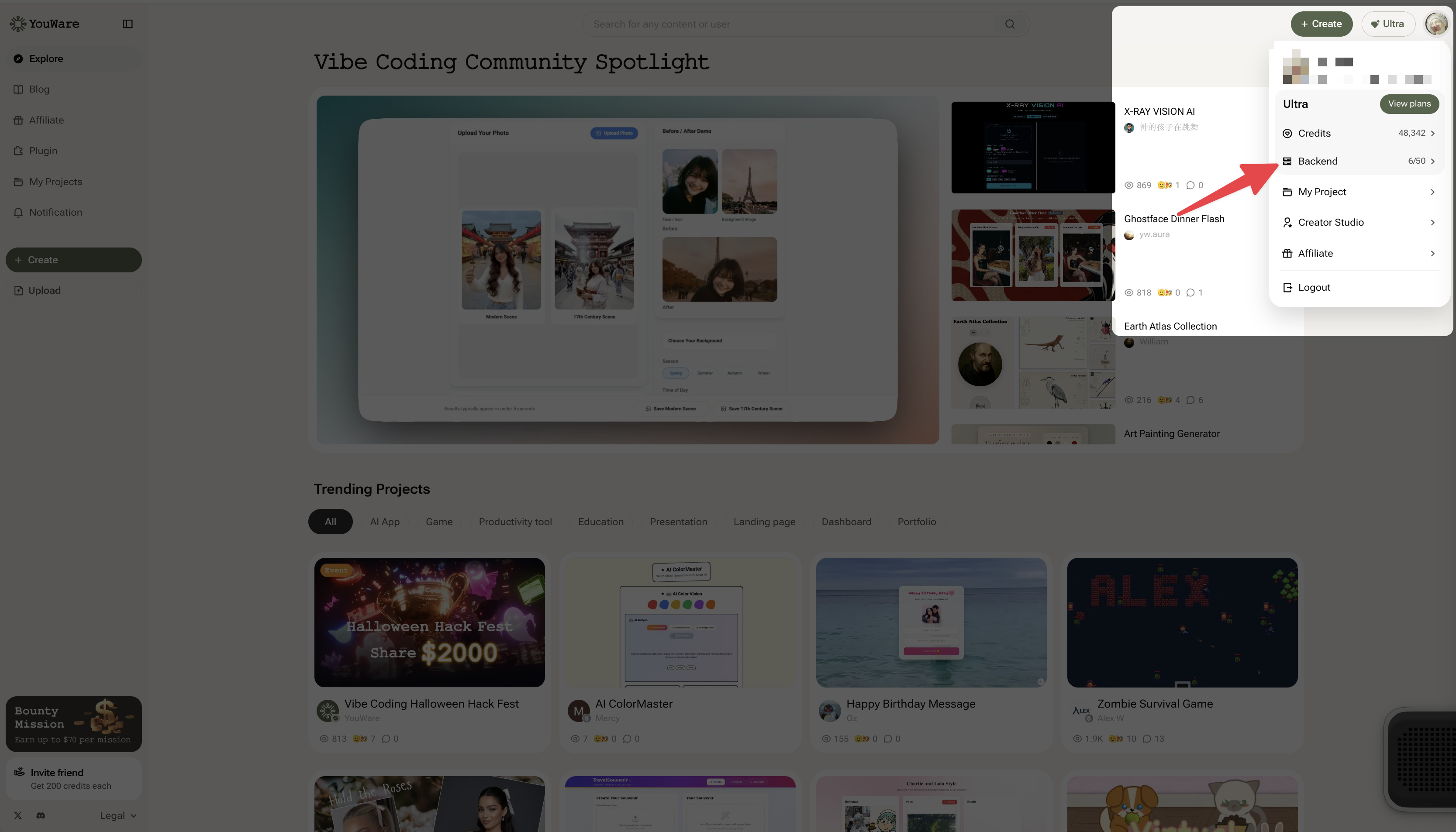 Backend usage interface showing project status and quota