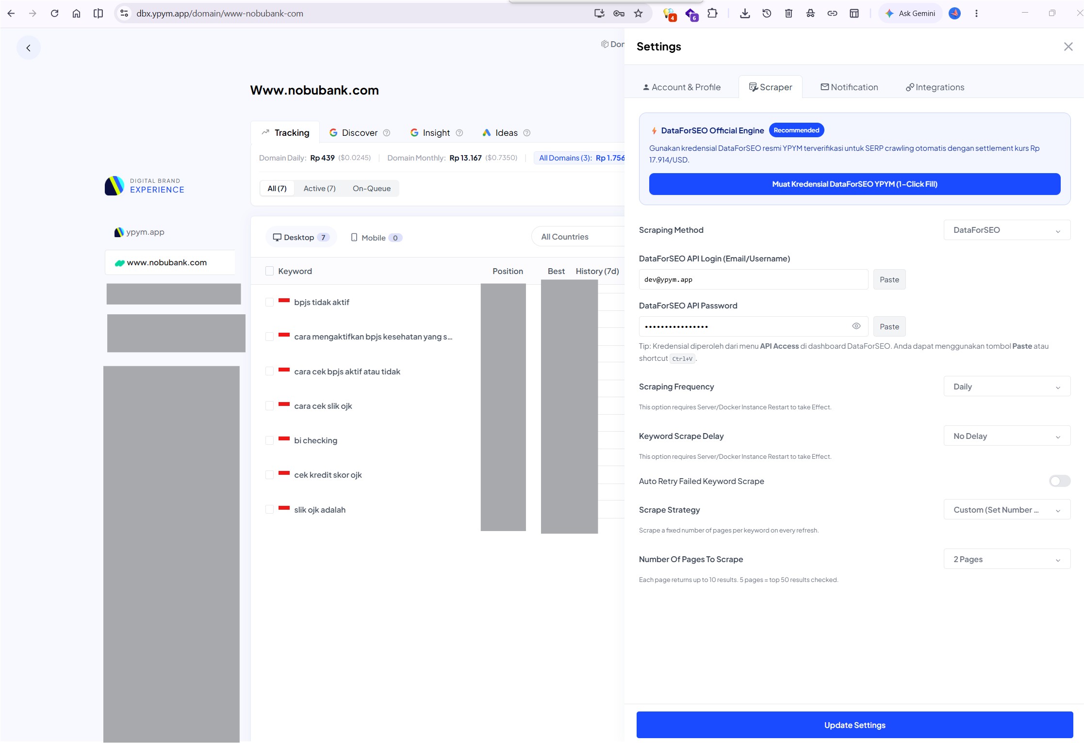DataForSEO Scraper Configuration Panel in YPYM DBX