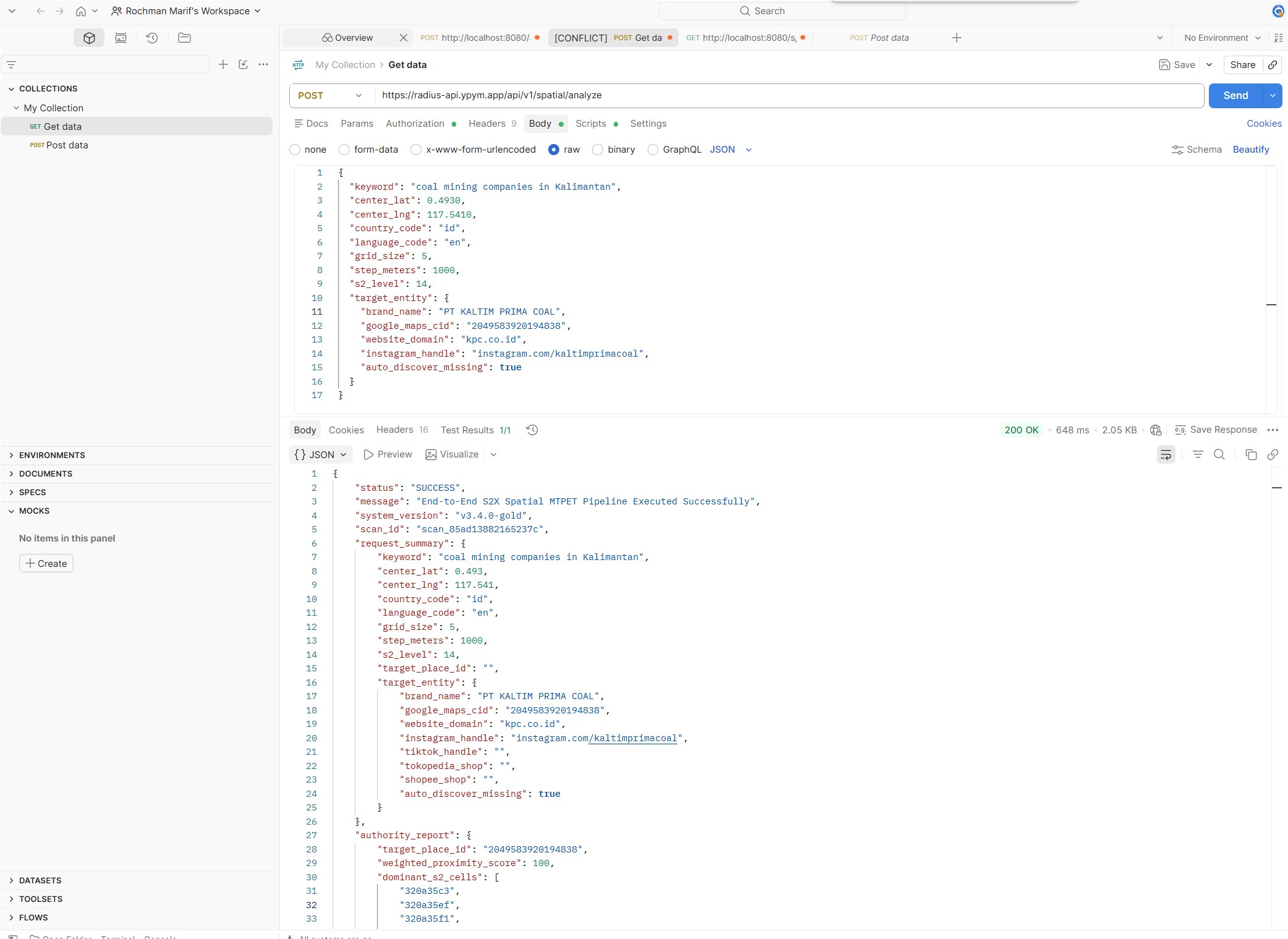 Radius Spatial Rank Diagnostics API Tested on Postman