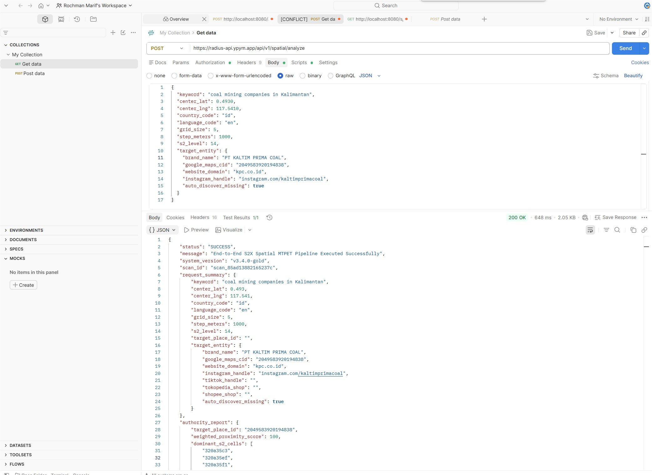 Radius Spatial Rank Diagnostics API Tested on Postman