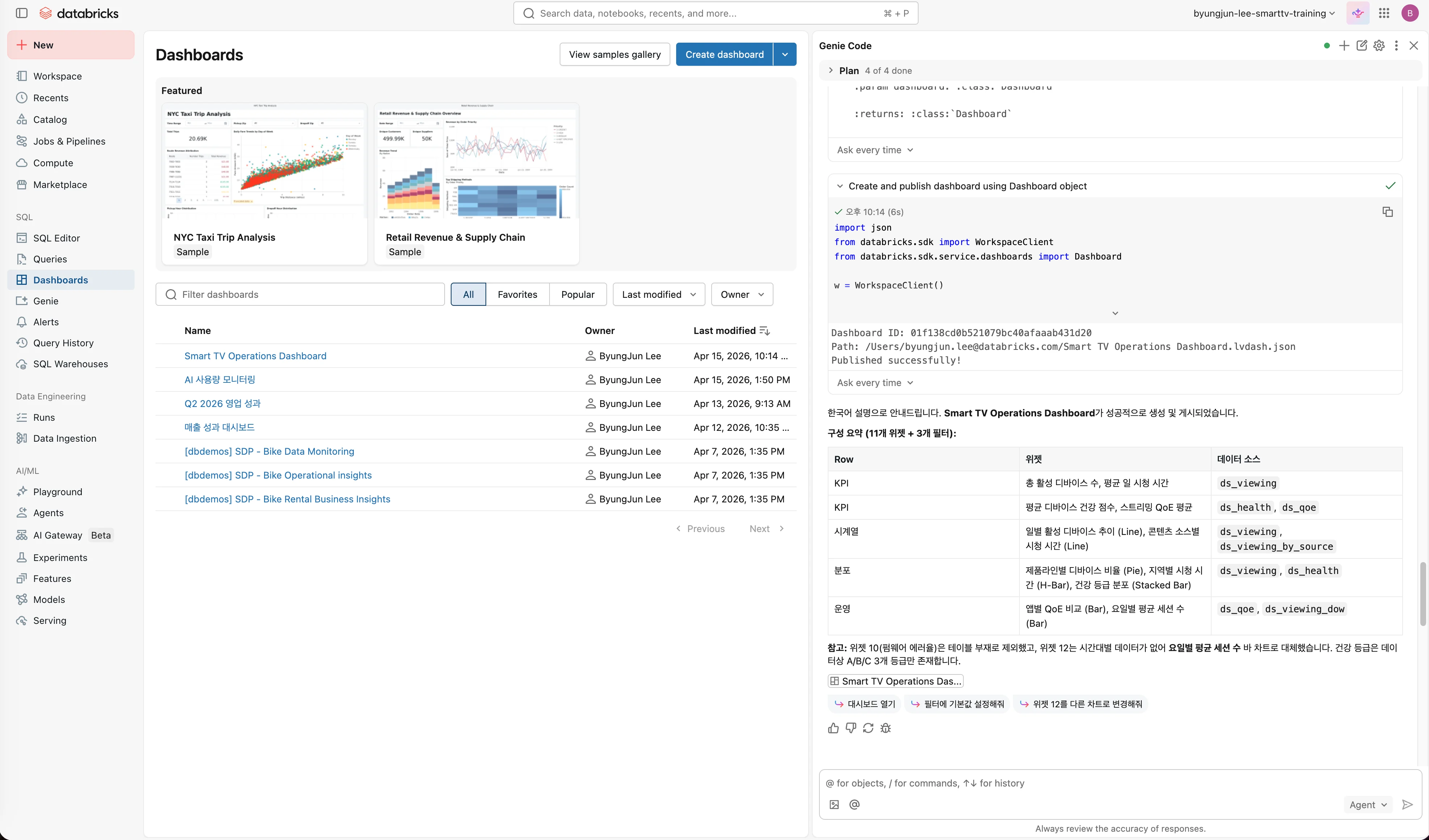 Operations Dashboard - Genie Code로 생성 완료