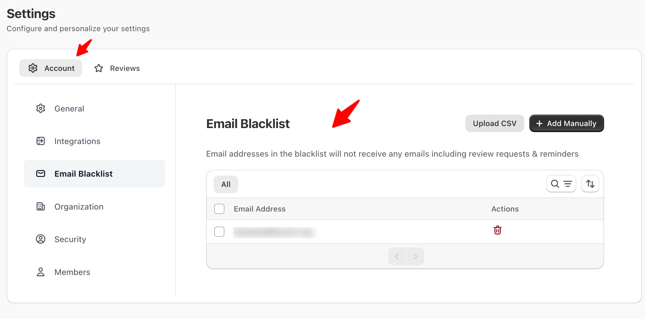 Email blacklist screen