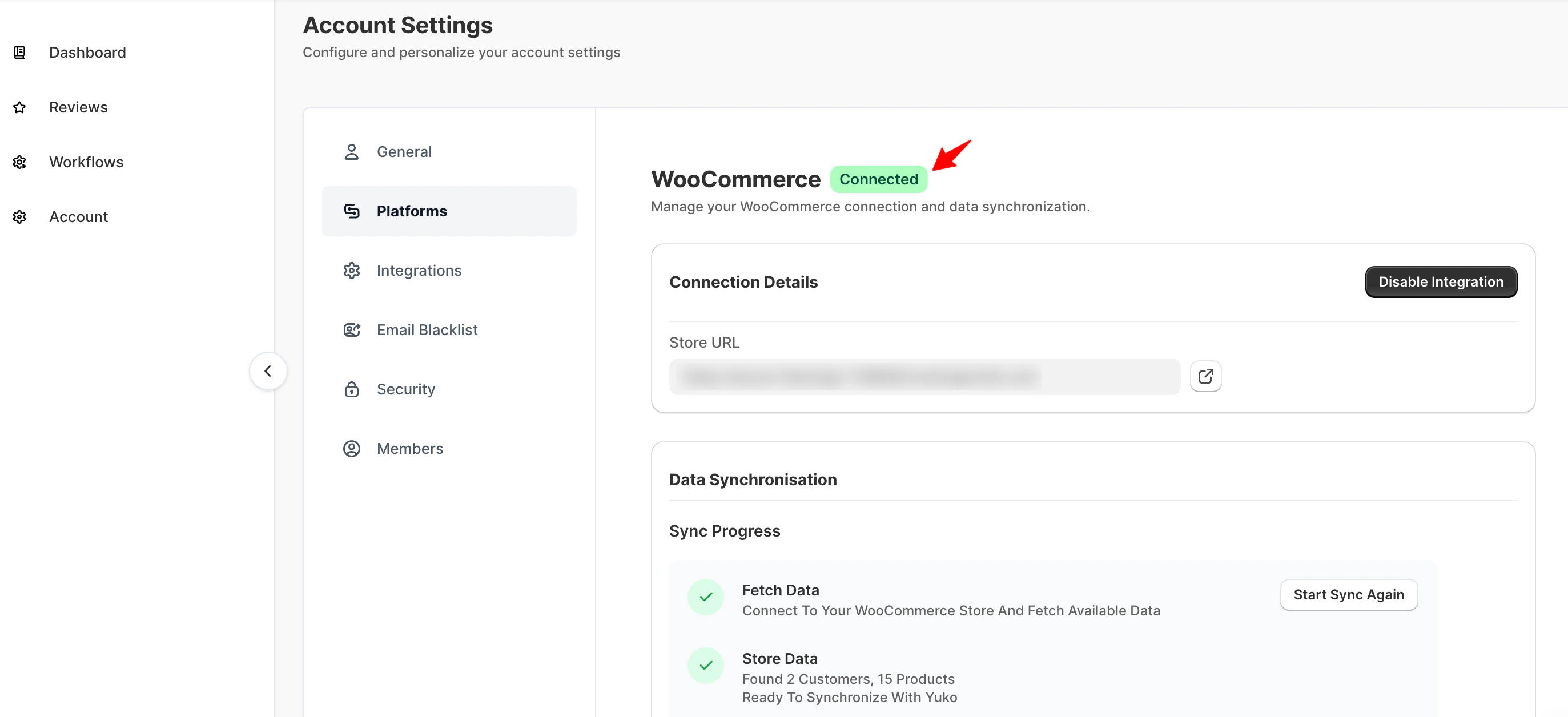 WooCommerce platform connected