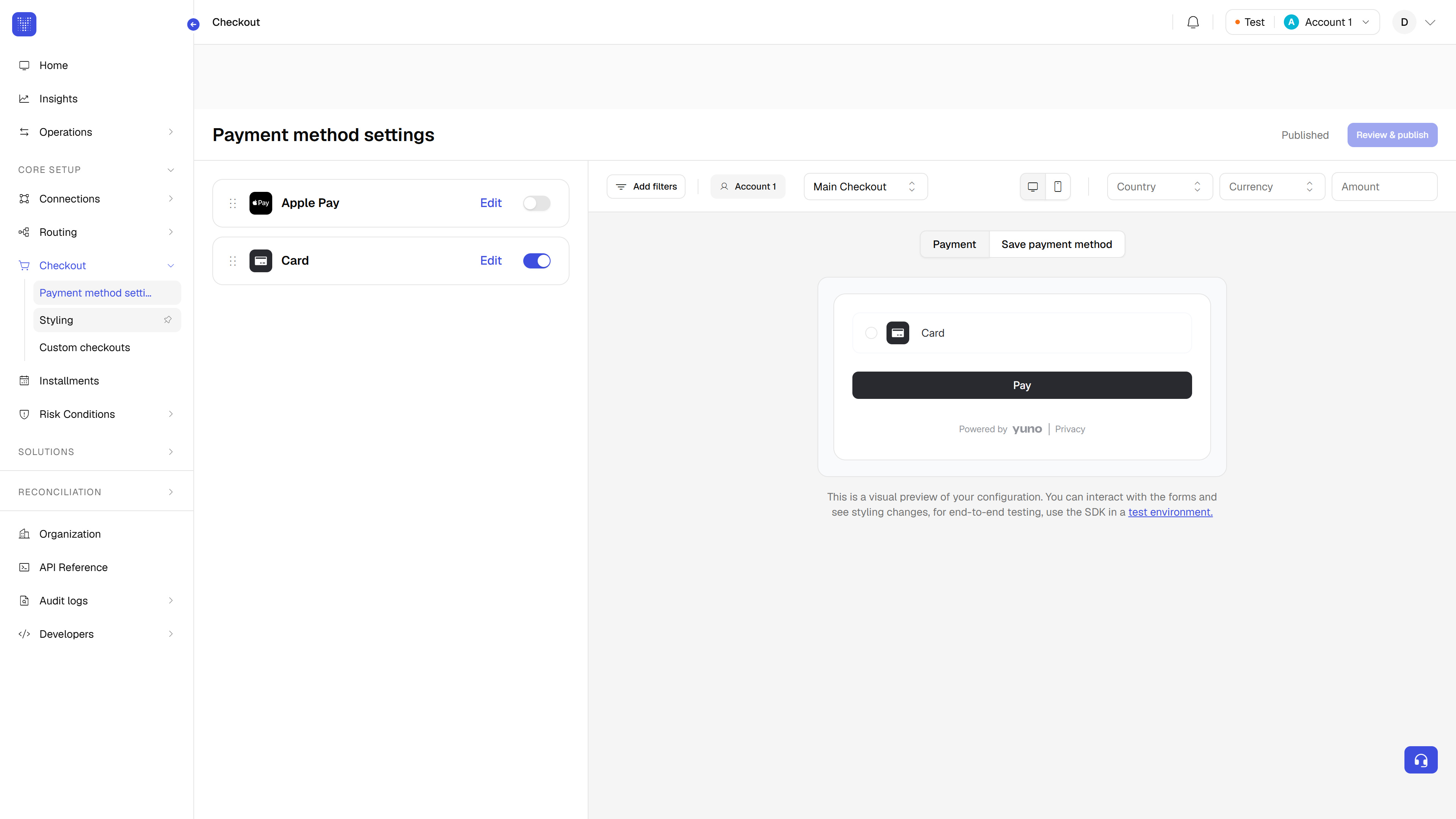 Checkout builder payment method settings with Card enabled, a display order preview, and Publish settings button