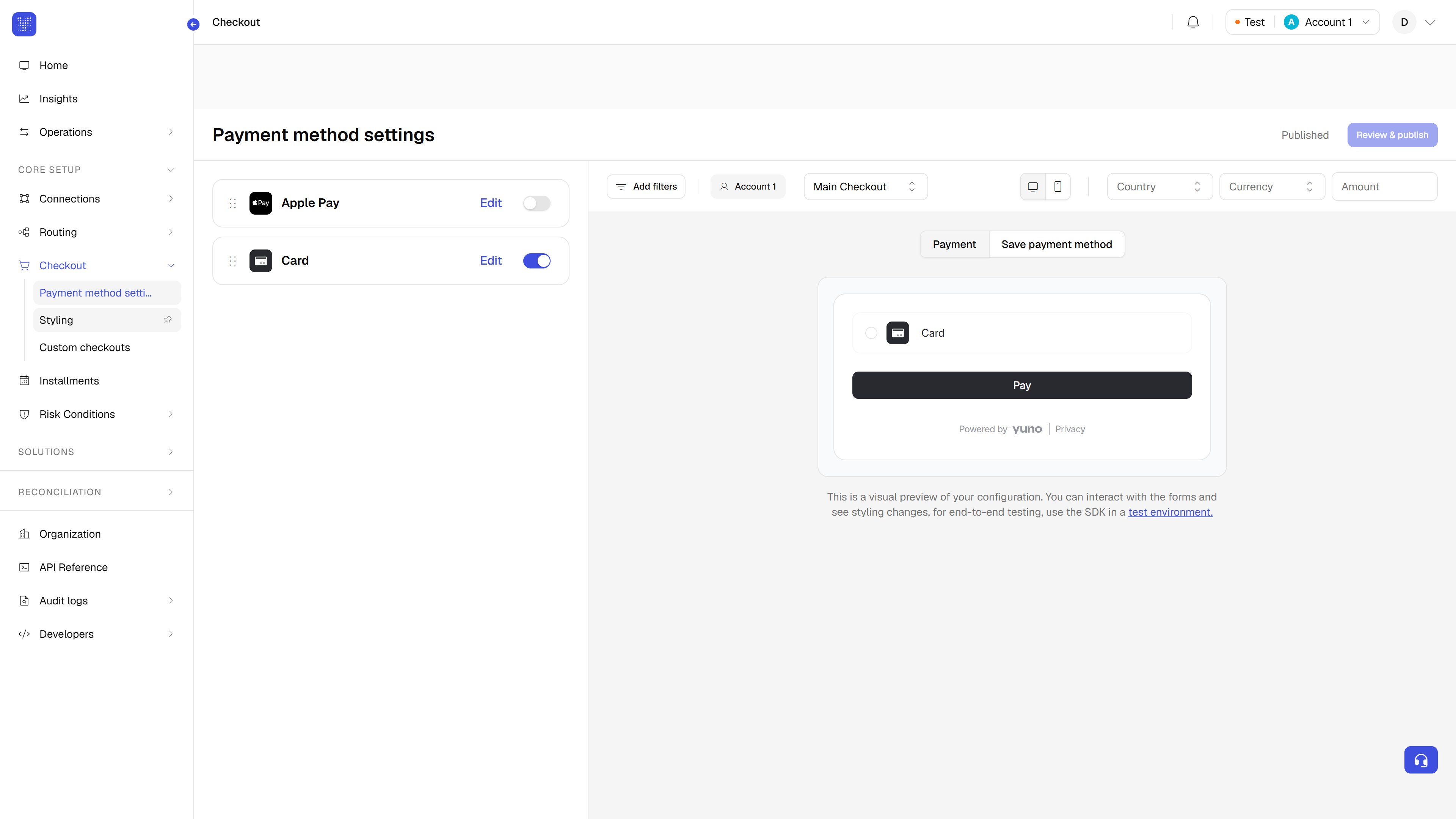 Checkout builder payment method settings with Card enabled, a display order preview, and Publish settings button