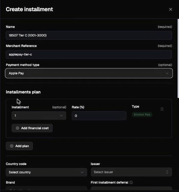 Create installment with Payment method type set to Apple Pay