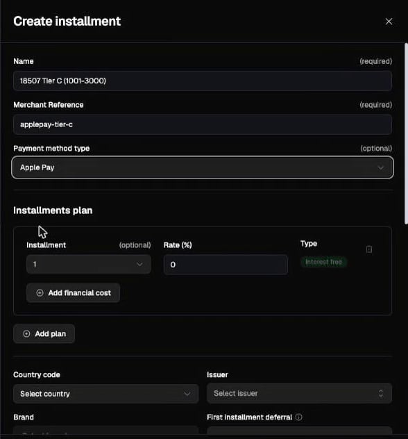 Create installment with Payment method type set to Apple Pay