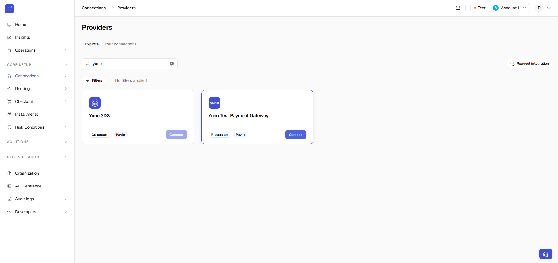 Yuno dashboard Connections page searching yuno, showing Yuno 3DS and Yuno Test Payment Gateway cards with Connect buttons