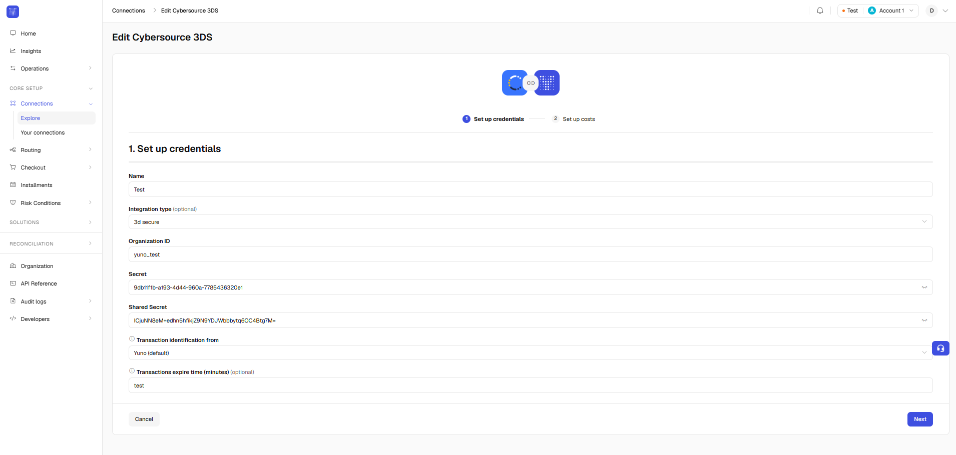 Edit Cybersource 3DS connection form with name, organization ID, secret, shared secret, and transaction identification fields