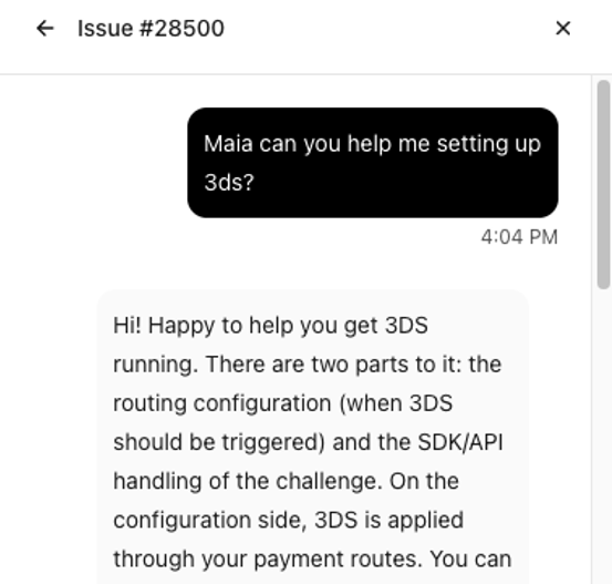 Chat widget conversation asking Maia for help setting up 3DS