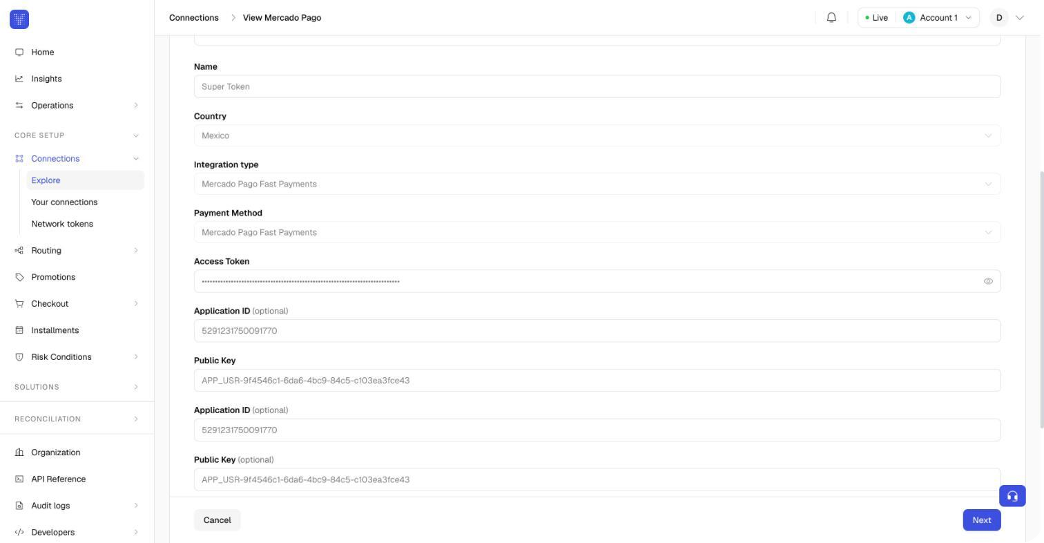 Mercado Pago connection setup in Yuno Dashboard