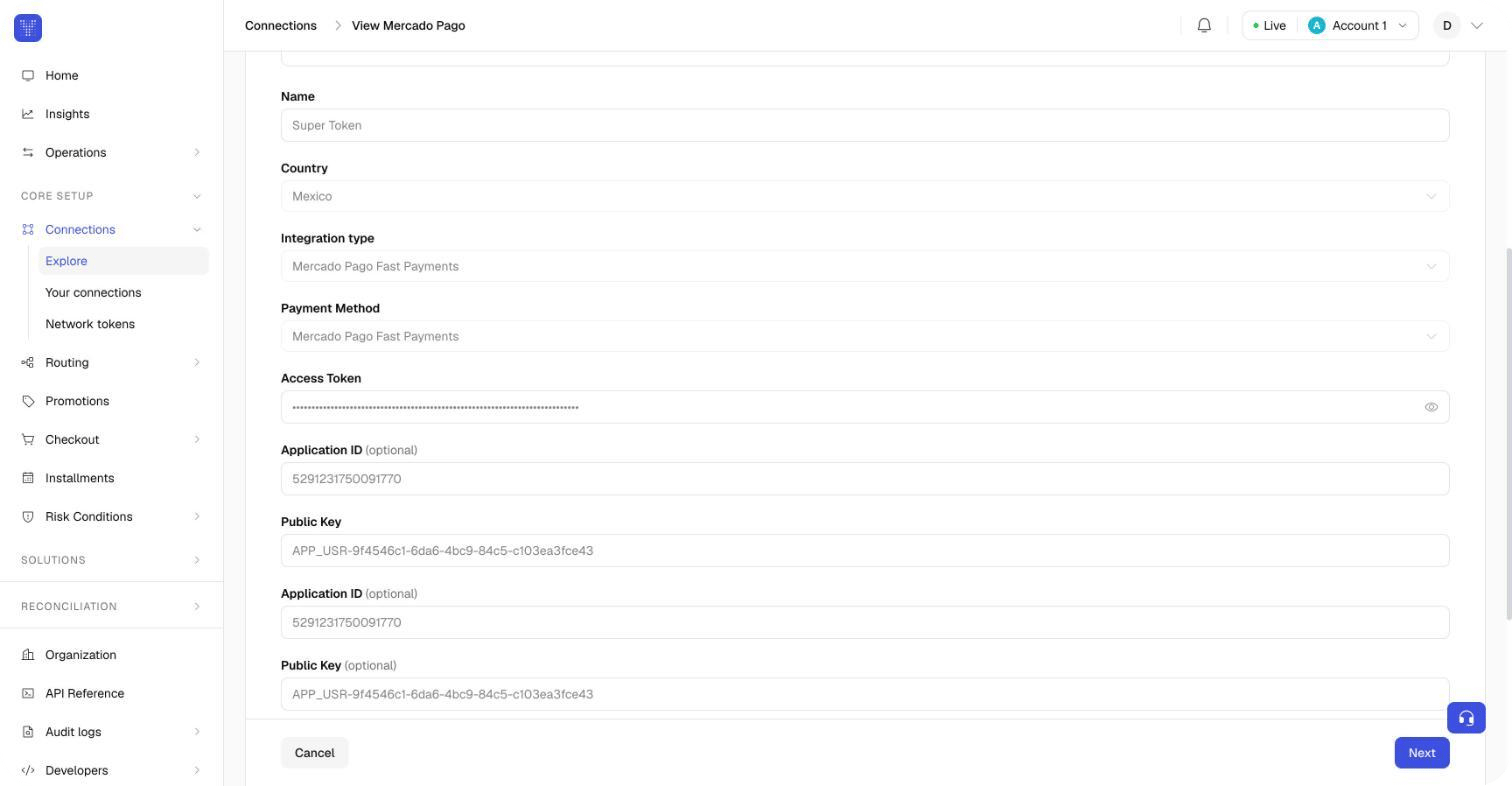 Mercado Pago connection setup in Yuno Dashboard