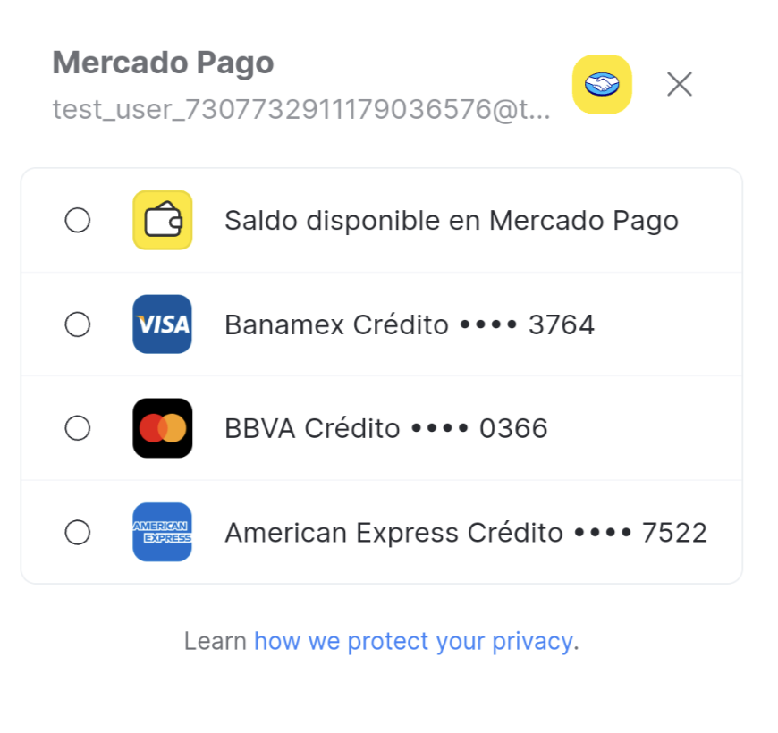 Mercado Pago section showing saved payment methods