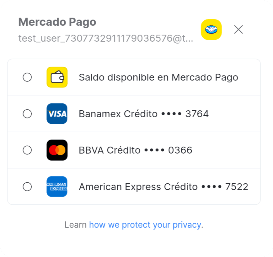 Mercado Pago section showing saved payment methods
