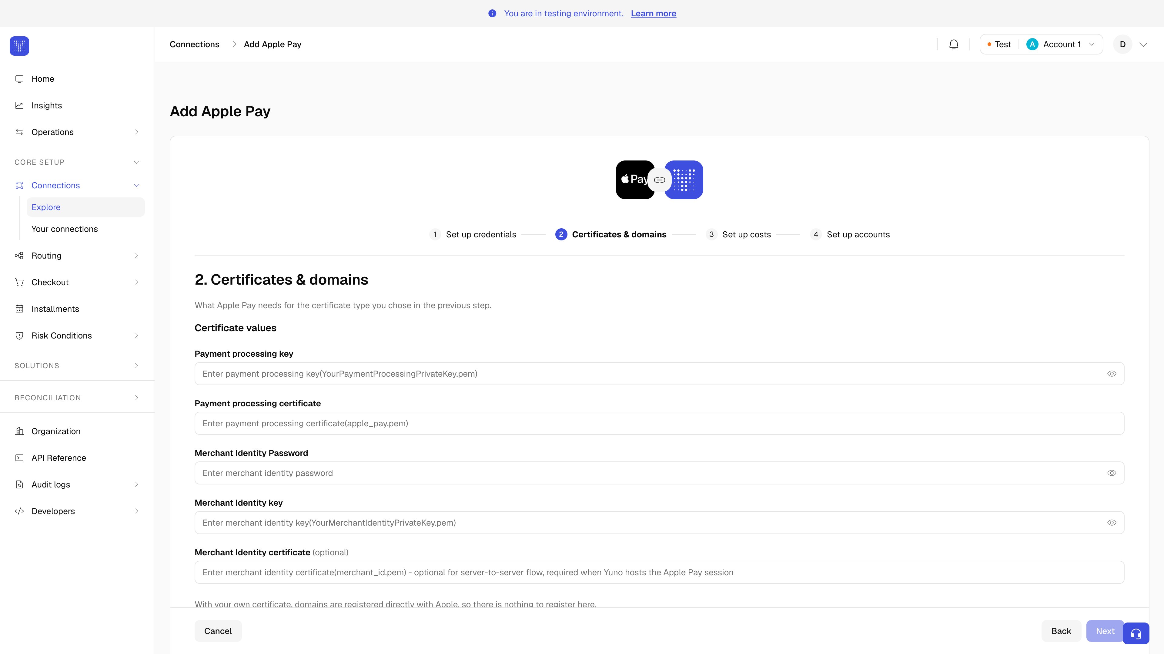 Add Apple Pay dialog in Yuno Connections with merchant identity key and merchant identity certificate fields