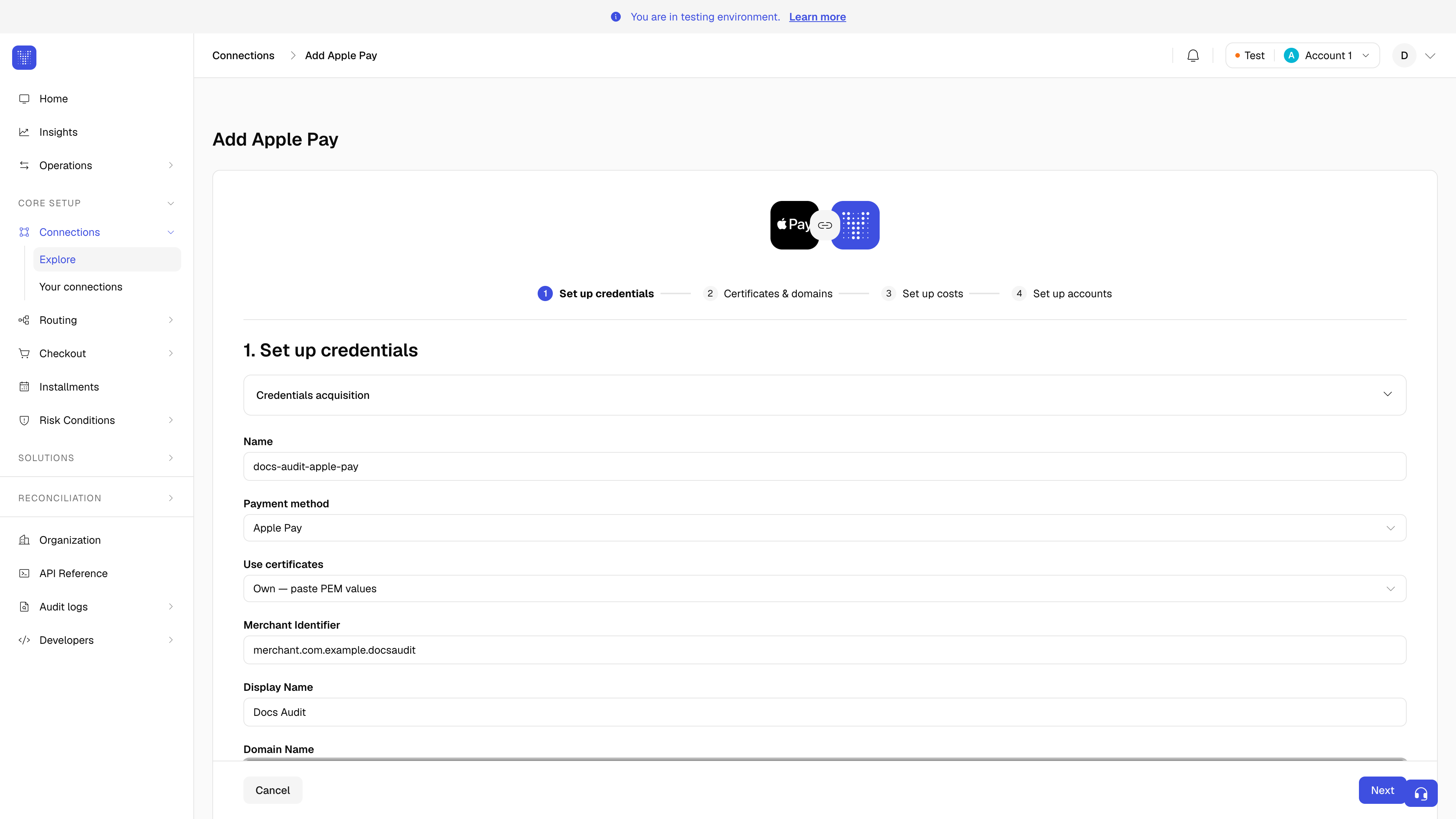 Add Apple Pay dialog in Yuno Connections with collapsible credential steps and a Name field