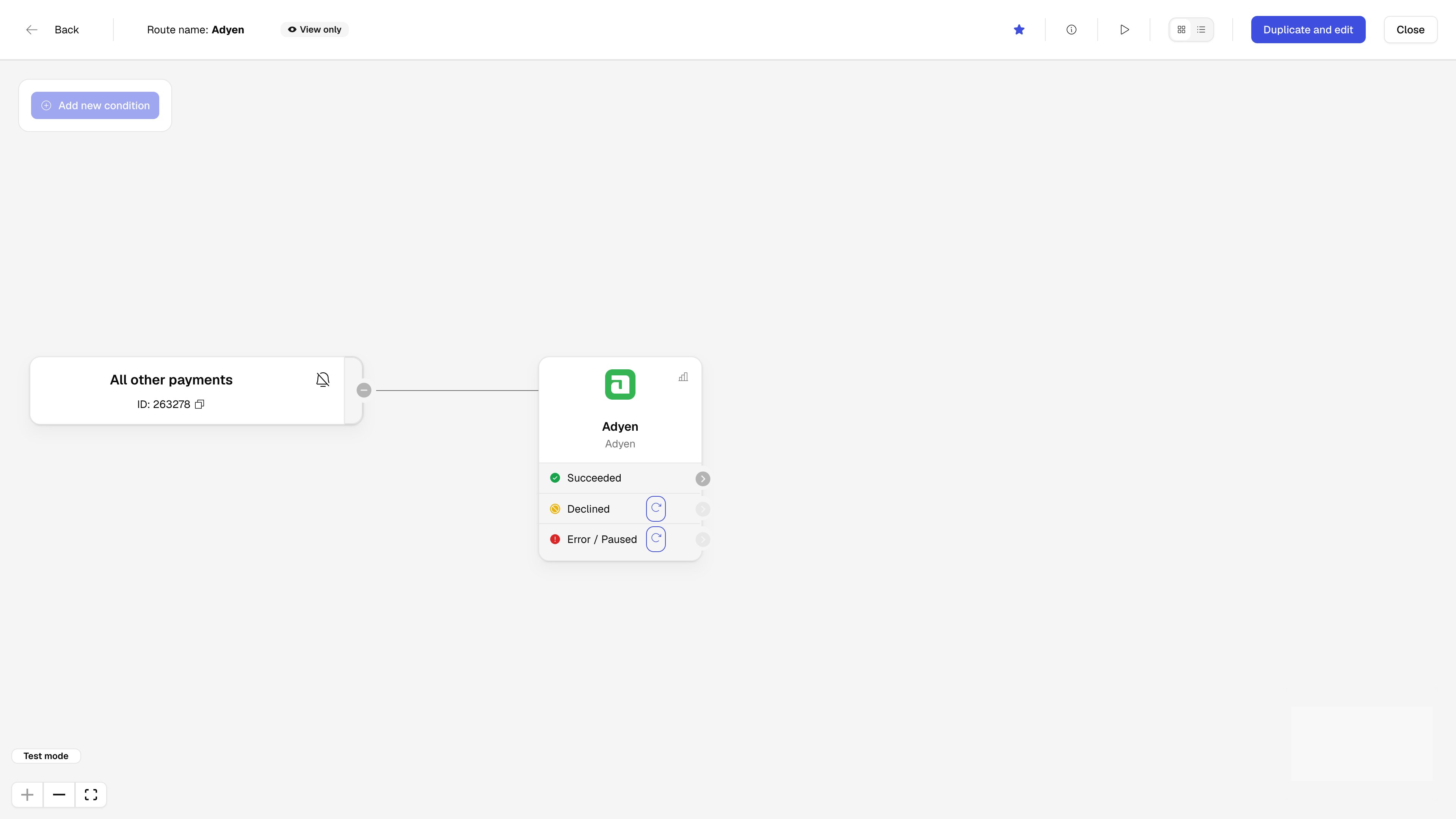 Route editor with All other payments routed to an Apple Pay connection with Succeeded, Declined, and Error outcomes