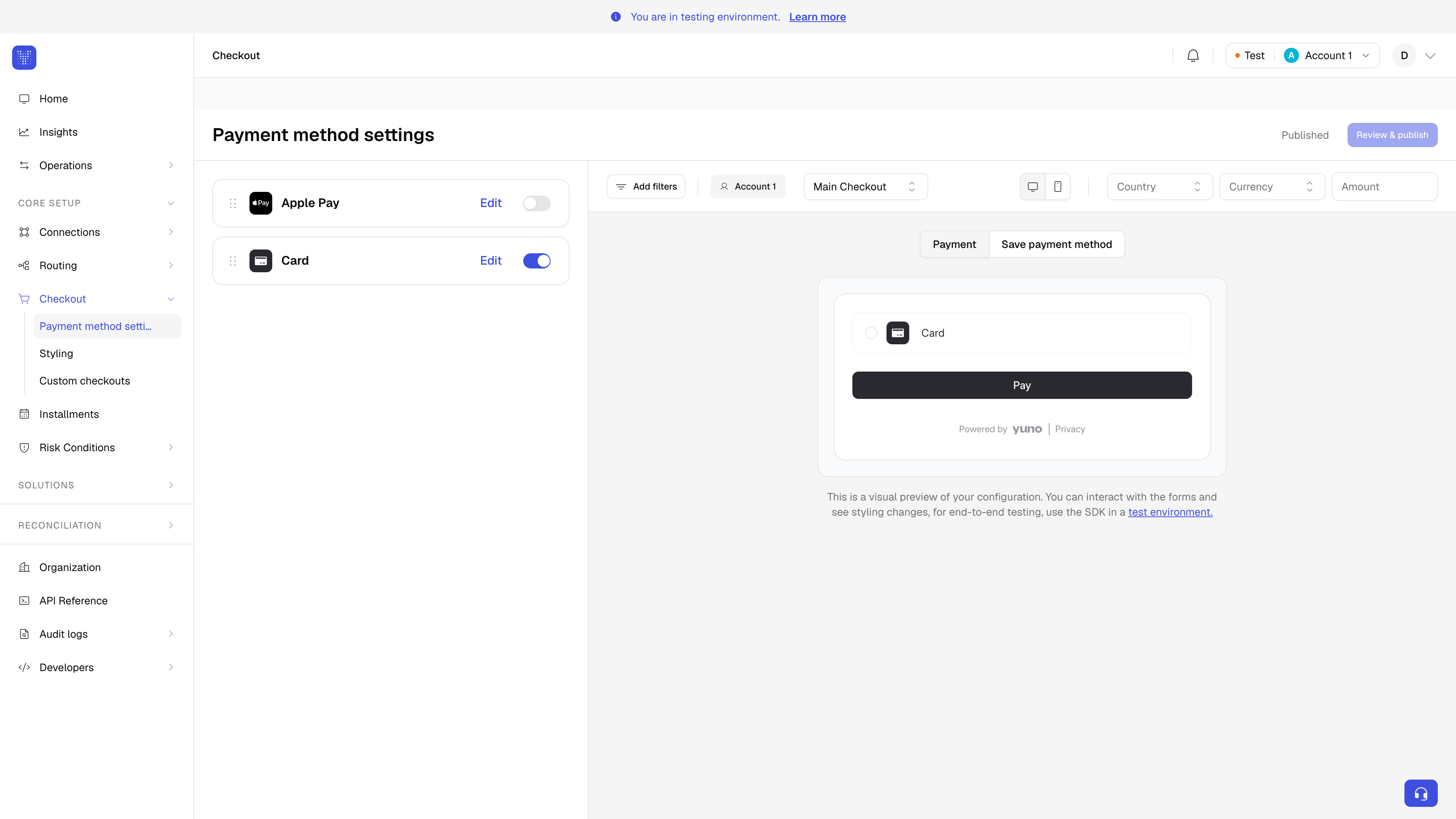 Checkout builder with Apple Pay enabled in the payment methods list and a checkout preview on the right