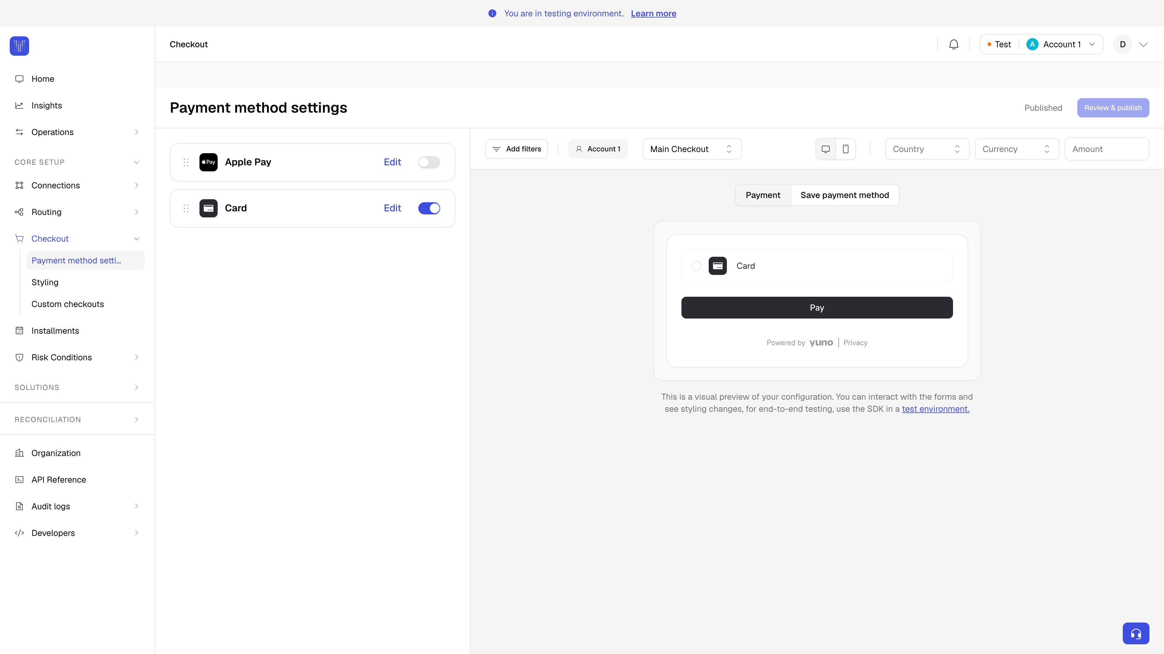 Checkout builder with Apple Pay enabled in the payment methods list and a checkout preview on the right