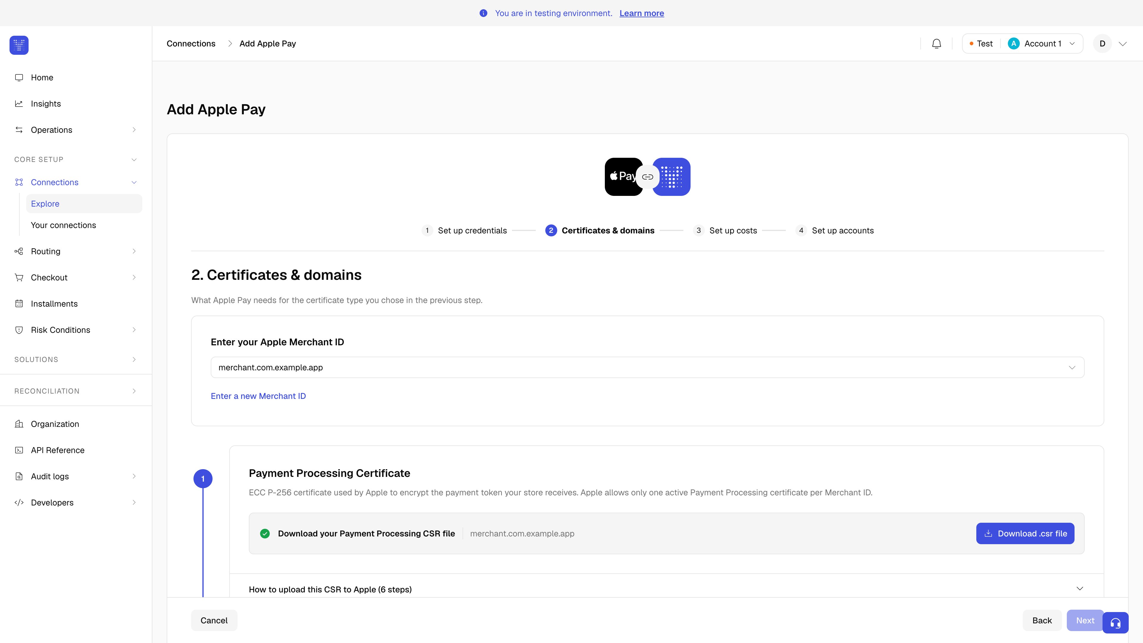 Apple Pay connection form with Own certificates option, domain name, and upload fields for Apple-issued .cer files