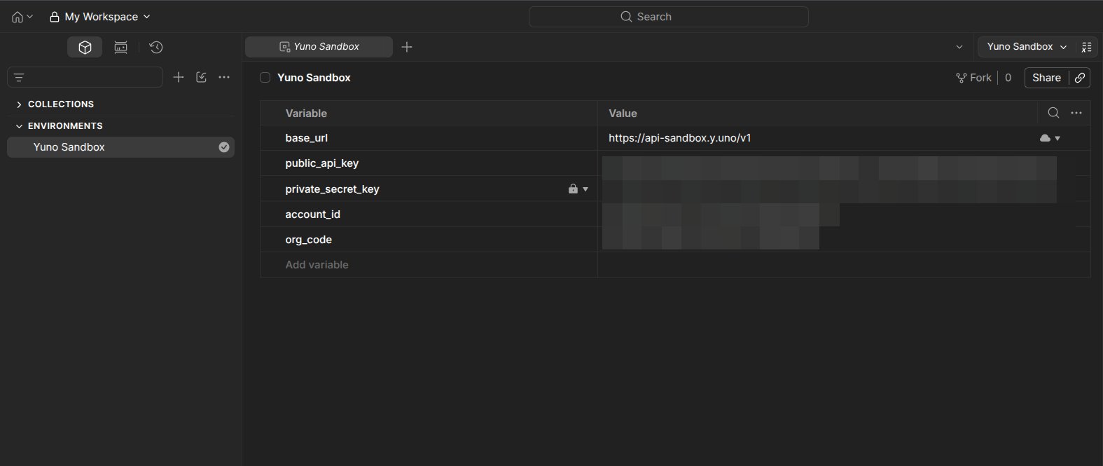 Yuno Sandbox environment selected, dark mode