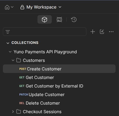Collection tree with an endpoint selected, dark mode