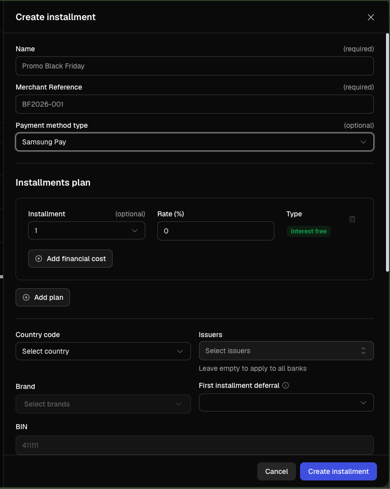 Create installment with Payment method type set to Samsung Pay