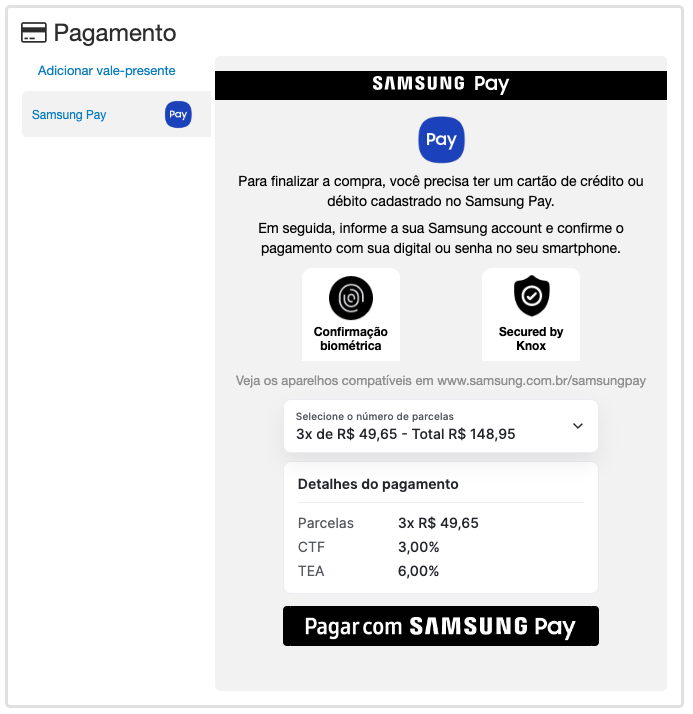 Samsung Pay checkout page showing biometric confirmation, installments selector, and payment details