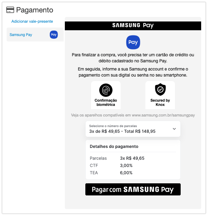 Samsung Pay checkout page showing biometric confirmation, installments selector, and payment details